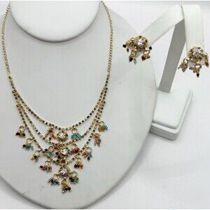Colorful Bead And Rhinestone Gold Plated Bollywood Indian Necklace And Earrings